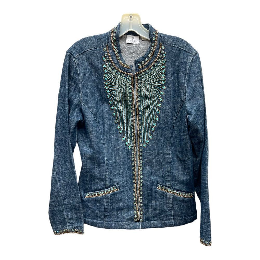 Chico’s Beaded Embellished Denim Jacket Boho Western Turquoise Size 1 M